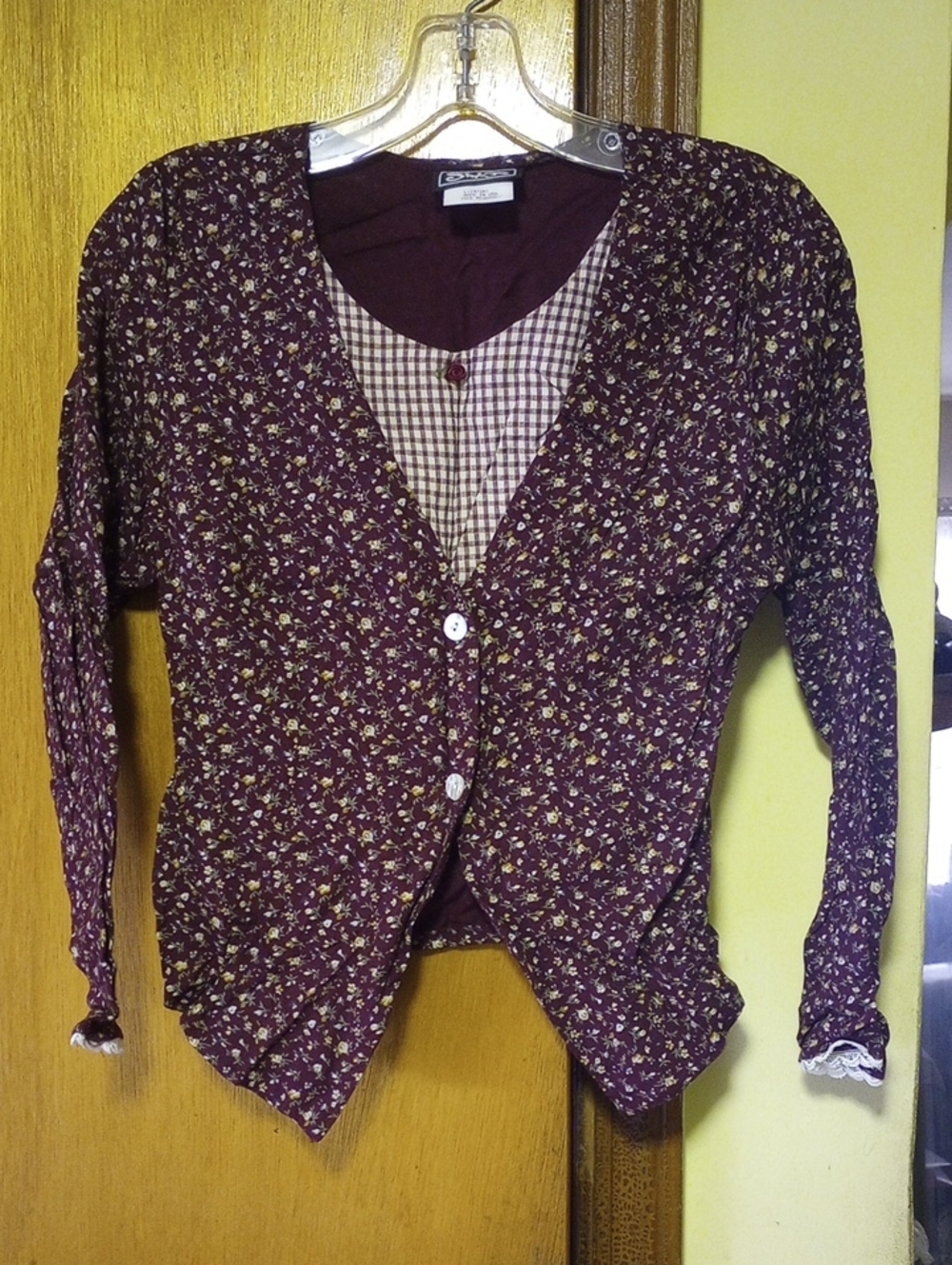 SWAT Burgundy & Plaid Floral Vintage Top, Size Large 14/16